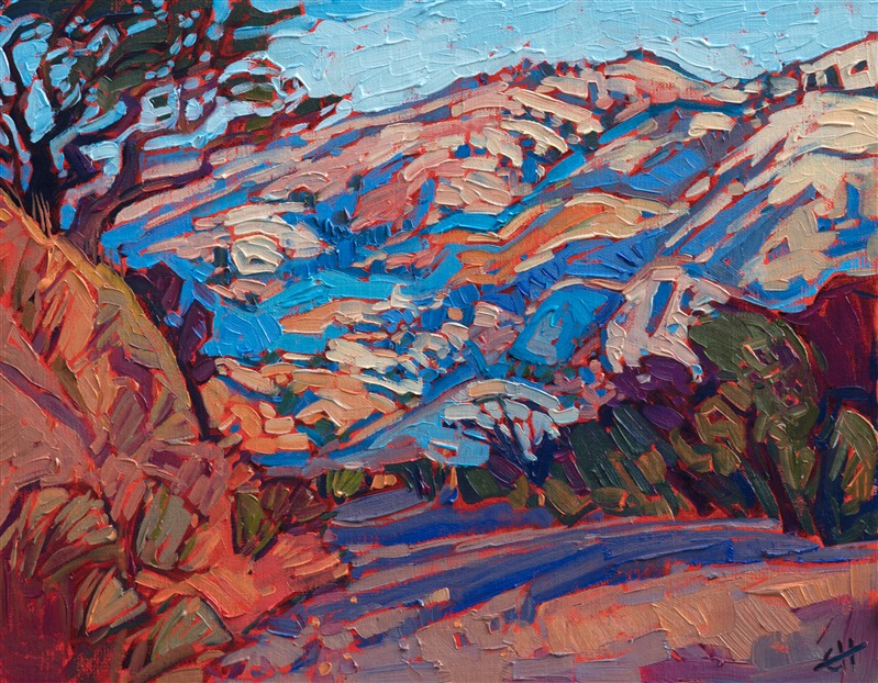 Driving through Carmel Valley is a peaceful way to escape into nature. The oak tree-dotted hills cast multi-hued shadows across the landscape, most beautiful at sunset or dawn. This painting captures the colors of California wine country with thick, impressionistic brush strokes.</p><p>This painting was created on linen board, and it arrives ready to hang in a custom-made frame.