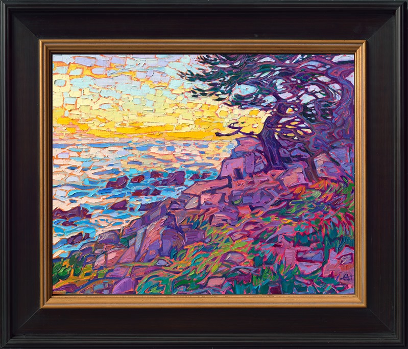 The ghost cypress trees along Carmel's coastline are beautiful to paint, their pale bark sculptured into twisted, abstract shapes that reflect the ambient light. This painting captures the coastal scenery with thick, impressionistic brush strokes and vivid, pure hues of color.</p><p>"Carmel Hues" is an original oil painting on linen board. The piece arrives framed in a black and gold plein air frame, ready to hang.