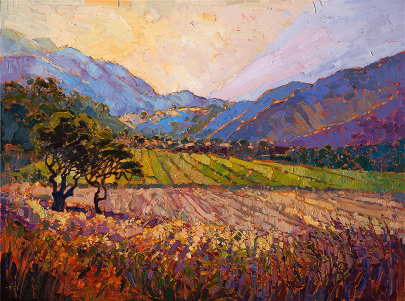 Carmel Valley is surrounded by layers of purple mountains that change color as the sun sinks towards the sea.  The light in this valley is the epitome of the mystical "California light" that artists always search for.  This painting captures the beauty and majesty of this special landscape.</p><p>This painting was done on 3/4" canvas, and the piece has been framed in a traditional dark wood frame. Read more about the <a href="https://www.erinhanson.com/Blog?p=AboutErinHanson" target="_blank">painting's details here.</a>