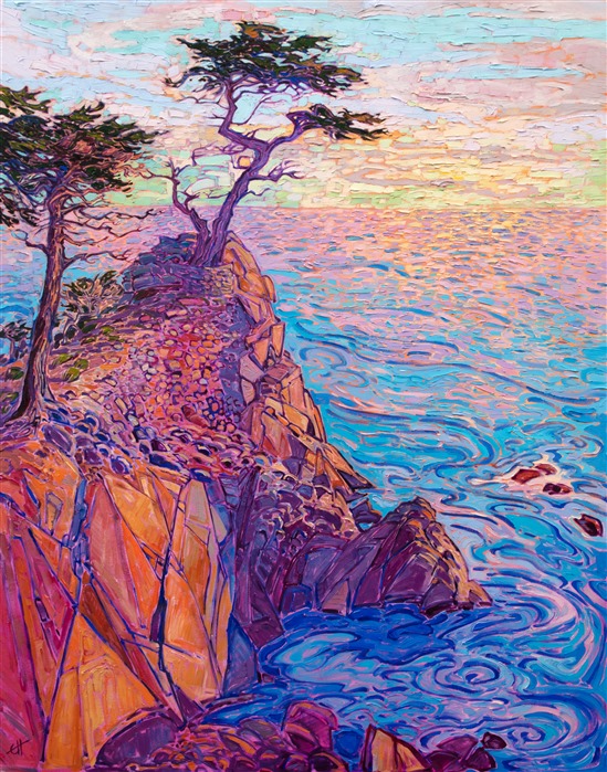 The Lone Cypress in Carmel catches the pink glow of sunset, while the swirling waters below dance with color. The abstract shapes of the rocky cliffs turn hues of buttery sherbet as the last rays of light sink below the horizon. The brush strokes in this painting are thick and impressionistic, capturing the feeling of being out of doors.
