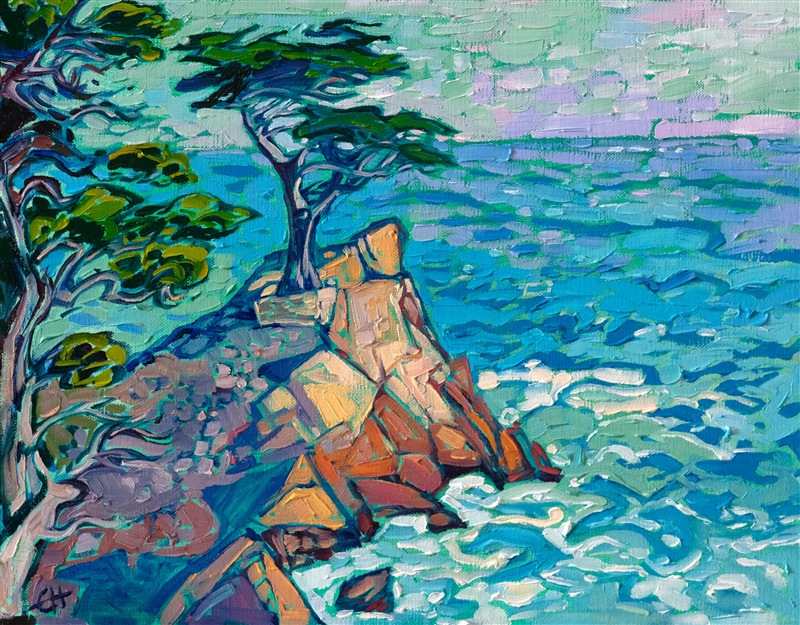 The iconic Lone Cypress stands on an outcropping of colorful rocks, overlooking the wide expanse of the bay. This petite painting captures the beauty of the scene with few brush strokes placed with feeling and impressionistic color.</p><p>"Carmel Pine" was created on 1/8" linen board. It arrives framed in a classic plein air frame, ready to hang.