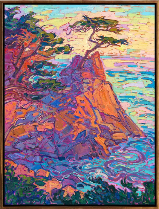 Carmel's Lone Cypress is a popular destination along the Monterey coastline. You can walk out onto the craggy rocks and watch the boulders and swirling waters change colors in the sunset light. The ethereal cypress trees spread their branches out in abstract shapes that have been sculpted by the wind over 100 years.</p><p>"Carmel Sunset" is an original oil painting created on gallery-depth stretched canvas. The painting arrives framed in a contemporary gold floater frame, ready to hang. 