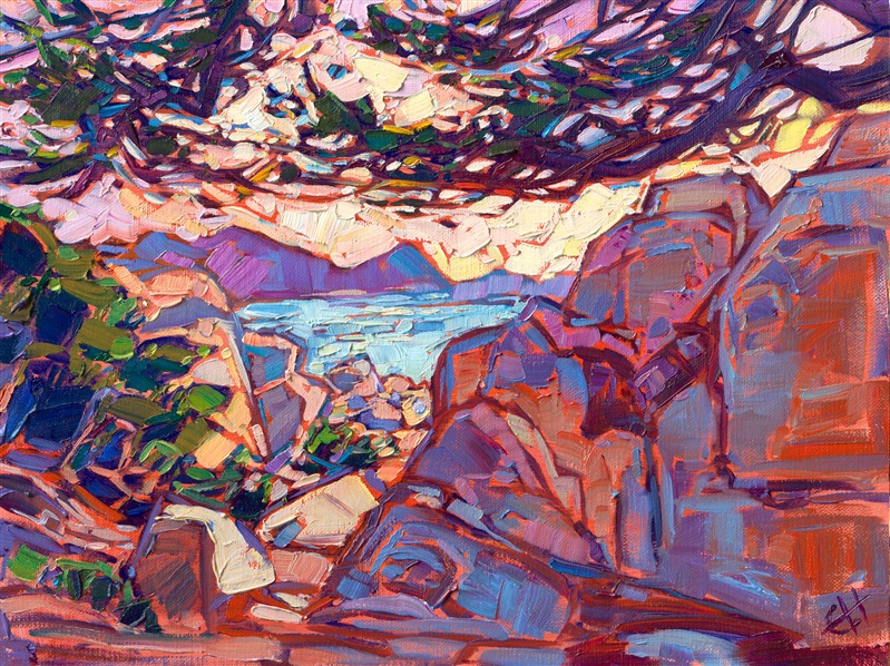 Exploring along 17-Mile Drive in Carmel, I saw this beautiful vista of soft pinks and cool ocean blues. I stood between two stacks of boulders, peering out towards the distant curve of the bay, a cool cypress tree above me, enjoying the changing colors of sunset.</p><p>"Carmel Vista" was created on linen board. The painting arrives framed in a plein air frame, ready to hang.