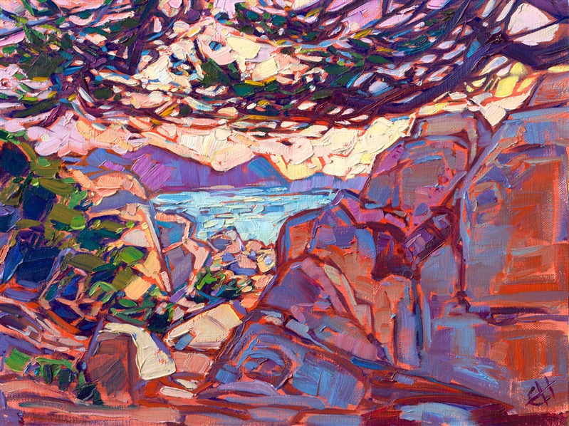 Exploring along 17-Mile Drive in Carmel, I saw this beautiful vista of soft pinks and cool ocean blues. I stood between two stacks of boulders, peering out towards the distant curve of the bay, a cool cypress tree above me, enjoying the changing colors of sunset.

"Carmel Vista" was created on linen board. The painting arrives framed in a plein air frame, ready to hang.