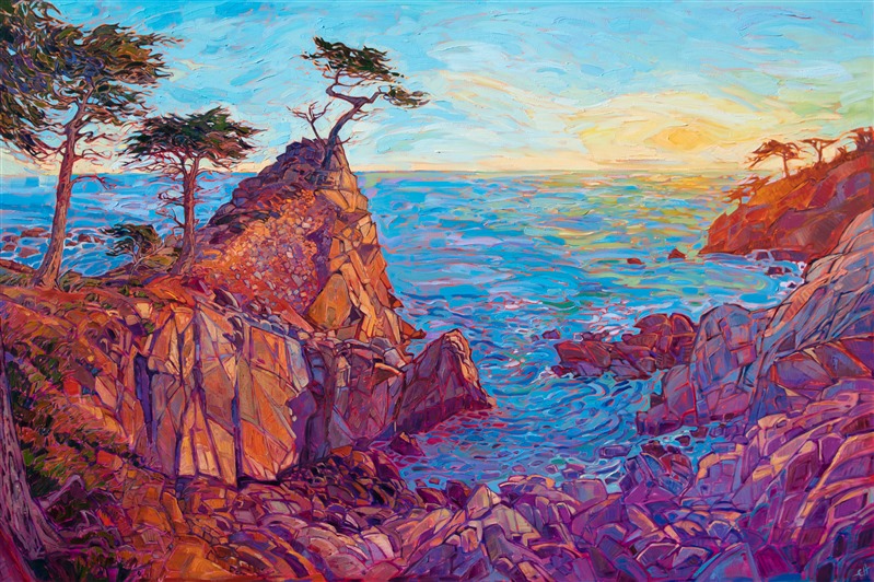 Lone Cypress overlooks the ocean as the sun sets, creating a mosaic of scintillating color. The thickly applied brush strokes are loose and impressionistic, conveying a sense of movement and tranquility. 

"Carmel Waters" was created on a 1 1/2 inch canvas with the painting continuing around the edges. It is framed in a hand-carved and gilded open impressionist frame.  