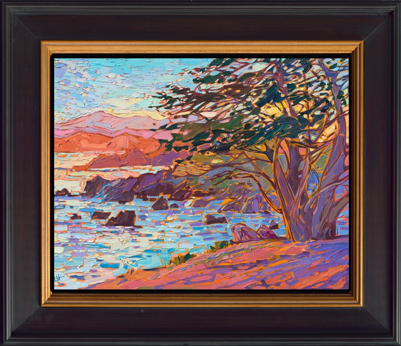 An impressionist canvas captures the vibrant hues that follow the sun beyond the horizon. Thick brush strokes of apricot and plum give the scene a rhythm of texture and movement. This painting by open impressionist Erin Hanson captures the beauty and tranquility of Carmel-by-the-Sea.</p><p>"Cypress at Carmel" is an original oil painting on linen board. The piece arrives framed in a black and gold plein air frame, ready to hang.