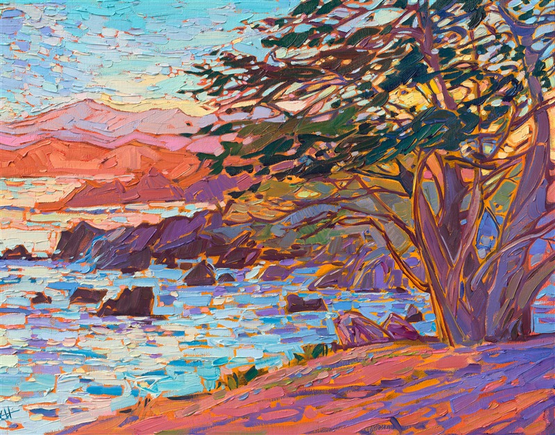 An impressionist canvas captures the vibrant hues that follow the sun beyond the horizon. Thick brush strokes of apricot and plum give the scene a rhythm of texture and movement. This painting by open impressionist Erin Hanson captures the beauty and tranquility of Carmel-by-the-Sea.</p><p>"Cypress at Carmel" is an original oil painting on linen board. The piece arrives framed in a black and gold plein air frame, ready to hang.