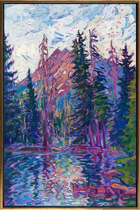 The "Three Sisters" peaks in Oregon's Cascade mountain range are some of the most beautiful mountains I have ever seen. I love the pinks, oranges, and purples on the volcanic cliffs, the surrounding lanky pine trees, and the still pools of reflective water. This painting captures all the beauty of the Northwest with colorful, expressive brush strokes.</p><p>"Cascade Peak" is an original oil painting on stretched canvas. The piece arrives framed in a 23kt gold floater frame, ready to hang.<br/>