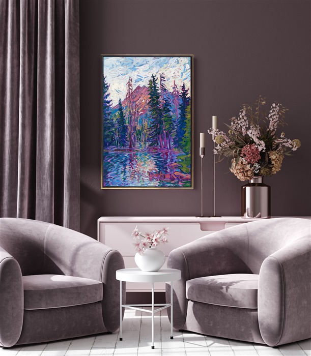 The "Three Sisters" peaks in Oregon's Cascade mountain range are some of the most beautiful mountains I have ever seen. I love the pinks, oranges, and purples on the volcanic cliffs, the surrounding lanky pine trees, and the still pools of reflective water. This painting captures all the beauty of the Northwest with colorful, expressive brush strokes.</p><p>"Cascade Peak" is an original oil painting on stretched canvas. The piece arrives framed in a 23kt gold floater frame, ready to hang.<br/>