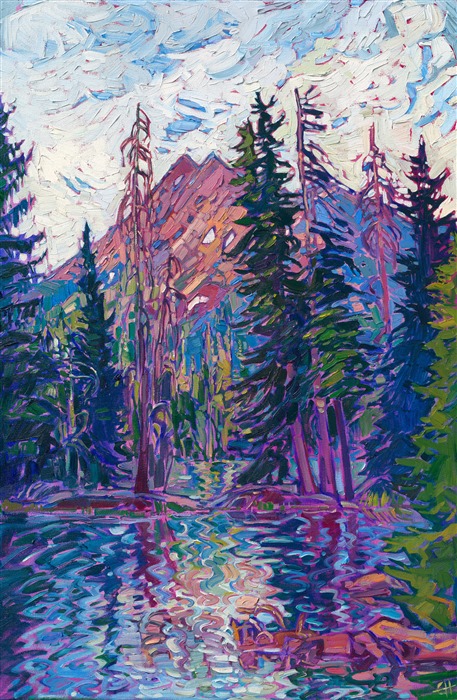 The "Three Sisters" peaks in Oregon's Cascade mountain range are some of the most beautiful mountains I have ever seen. I love the pinks, oranges, and purples on the volcanic cliffs, the surrounding lanky pine trees, and the still pools of reflective water. This painting captures all the beauty of the Northwest with colorful, expressive brush strokes.</p><p>"Cascade Peak" is an original oil painting on stretched canvas. The piece arrives framed in a 23kt gold floater frame, ready to hang.<br/>