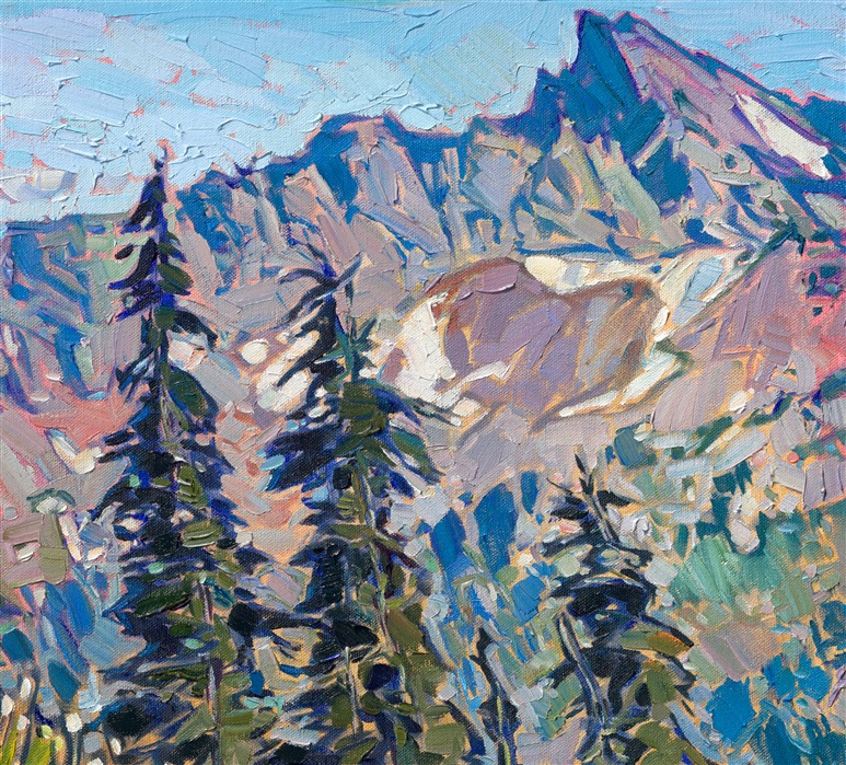Hiking up the side of Mt Rainier, I felt surrounded in 360 degrees of epic, mountainous beauty. Every hundred feet or so, I would pause and look around, and each time, I was amazed at the changing vistas around me. This painting captures the rocky peaks just south of Mt Rainier, across Paradise Valley. Thick brush strokes capture the strong lines and contrasting colors of the Cascade range.