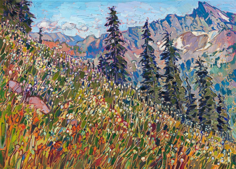Hiking up the side of Mt Rainier, I felt surrounded in 360 degrees of epic, mountainous beauty. Every hundred feet or so, I would pause and look around, and each time, I was amazed at the changing vistas around me. This painting captures the rocky peaks just south of Mt Rainier, across Paradise Valley. Thick brush strokes capture the strong lines and contrasting colors of the Cascade range.