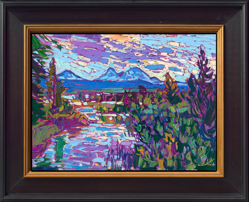 This petite work captures the grandeur of the Three Sisters in Oregon's Cascade mountain range. The colors of early summer abound with greens and blues, and snow still clings to the peaks of the Three Sisters. The impressionistic brush strokes capture the changing light of the scene with quick, confident movement.</p><p>"Cascade River" is an original oil painting on linen board. The piece arrives in a mock floater, black and gold, plein air-style frame, ready to hang.