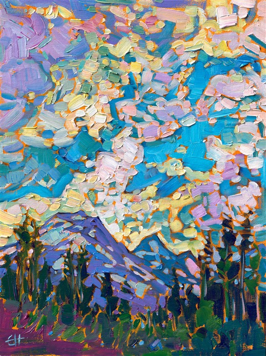 Driving over the Cascade mountain range, from Salem to Bend, Oregon, I discovered the colorful majesty of the Seven Sisters up close and personal. The brilliant skies and deep green foliage were very inspiring.</p><p>"Cascade Sky" was created on fine linen board. The painting arrives framed in a classic plein air frame, ready to hang.