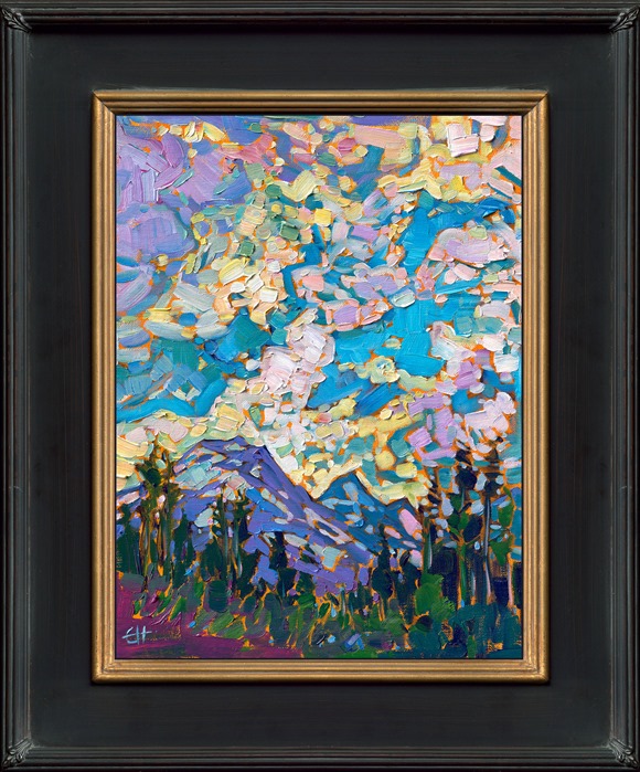 Driving over the Cascade mountain range, from Salem to Bend, Oregon, I discovered the colorful majesty of the Seven Sisters up close and personal. The brilliant skies and deep green foliage were very inspiring.</p><p>"Cascade Sky" was created on fine linen board. The painting arrives framed in a classic plein air frame, ready to hang.