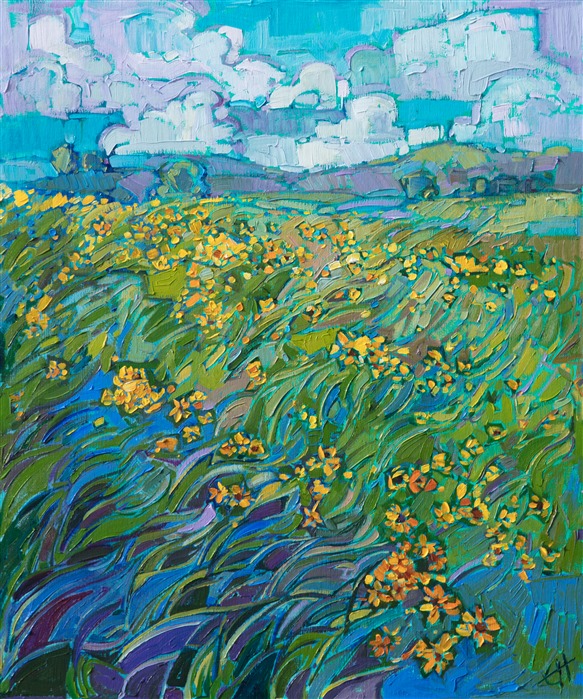 A cascade of yellow wildflowers shines brightly against the verdant carpet of grass. Texas hill country has the most beautiful wildflowers I have ever seen. This painting captures all the beauty and wonder of discovering a field of blooms.</p><p>This painting is a part of Erin Hanson's <i>The Floral Show</i> 2019.