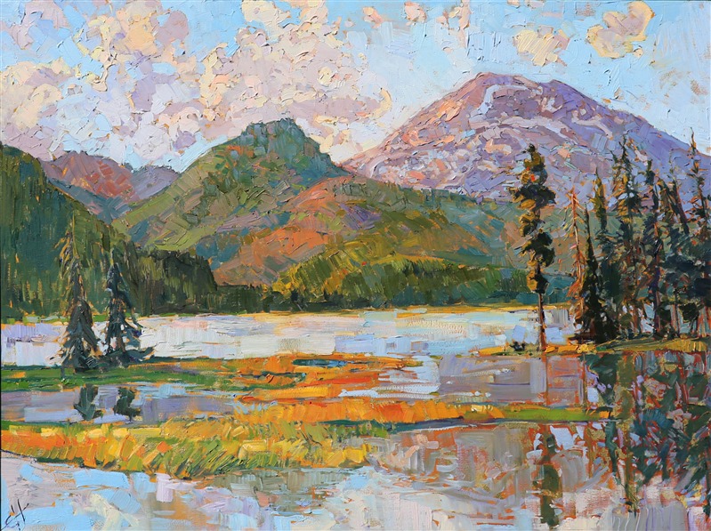 Exploring the Cascades during summer, when most of the snow has melted and the ground is covered with thick green grass, provided the inspiration for this painting.  The bold brush strokes and vivid color palette transport you to the beauty of Oregon in a heartbeat.</p><p>This original oil painting was created over an application of 24 karat gold leaf. The genuine gold glints through the layers of oil paint, catching the light in a subtle and surprising manner, and bringing the oil painting to life like never before.</p><p>The painting was created on 3/4" canvas and comes framed in a gilded, 6"-deep, museum-quality frame. Additional photos are available upon request.
