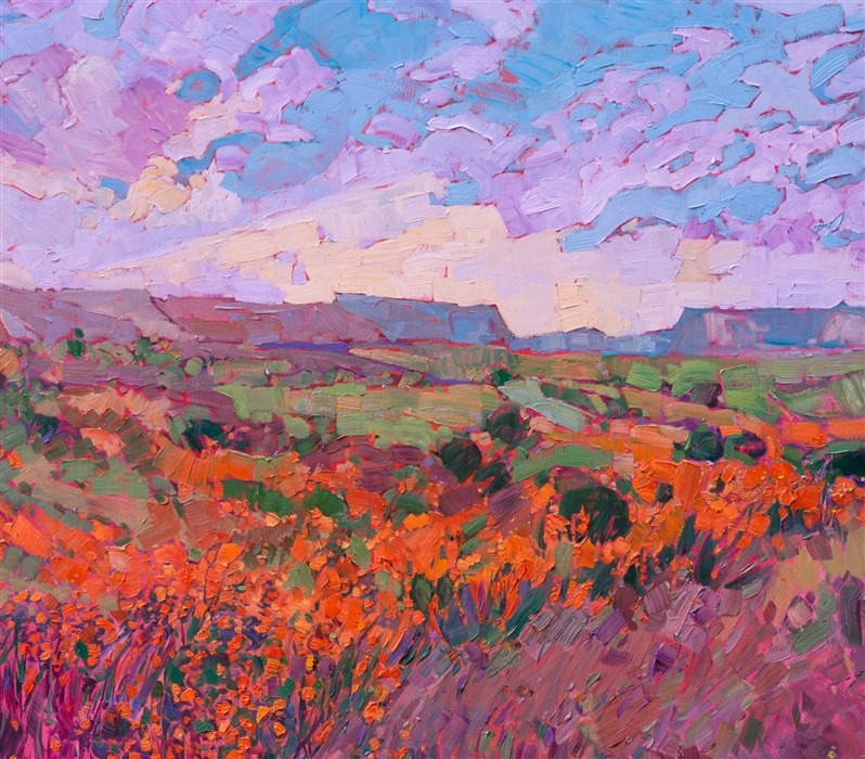 This painting was inspired by the southern Utah landscape near Arches National Park.  These brilliant orange wildflowers blanketed the desert landscape with brilliant color.  The adjacent purple-hued scrub is beautiful by contrast.  This piece would be a great centerpiece for any room.</p><p>This painting was created on 1-1/2" deep canvas, with the painting continued around the edges. The painting is framed in a gold floater frame with black sides. It arrives wired and ready to hang.