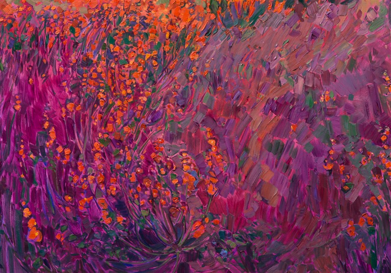This painting was inspired by the southern Utah landscape near Arches National Park.  These brilliant orange wildflowers blanketed the desert landscape with brilliant color.  The adjacent purple-hued scrub is beautiful by contrast.  This piece would be a great centerpiece for any room.</p><p>This painting was created on 1-1/2" deep canvas, with the painting continued around the edges. The painting is framed in a gold floater frame with black sides. It arrives wired and ready to hang.