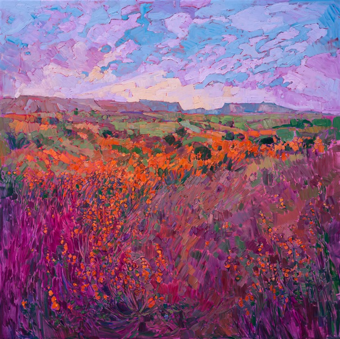 This painting was inspired by the southern Utah landscape near Arches National Park.  These brilliant orange wildflowers blanketed the desert landscape with brilliant color.  The adjacent purple-hued scrub is beautiful by contrast.  This piece would be a great centerpiece for any room.

This painting was created on 1-1/2" deep canvas, with the painting continued around the edges. The painting is framed in a gold floater frame with black sides. It arrives wired and ready to hang.
