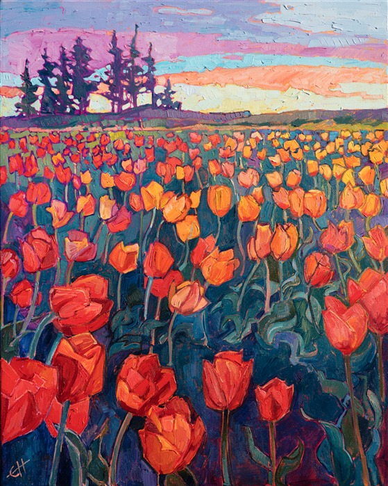 A cascade of brilliantly-colored tulips tumbles down the canvas in this painting of Oregon's wine country region. The thick, impasto brush strokes seem to jump to life, capturing the vibrancy of the scenery. This painting was done on 1-1/2" thick canvas, with the painting continued around the edges. The piece arrives framed in a 23kt gold floater frame.