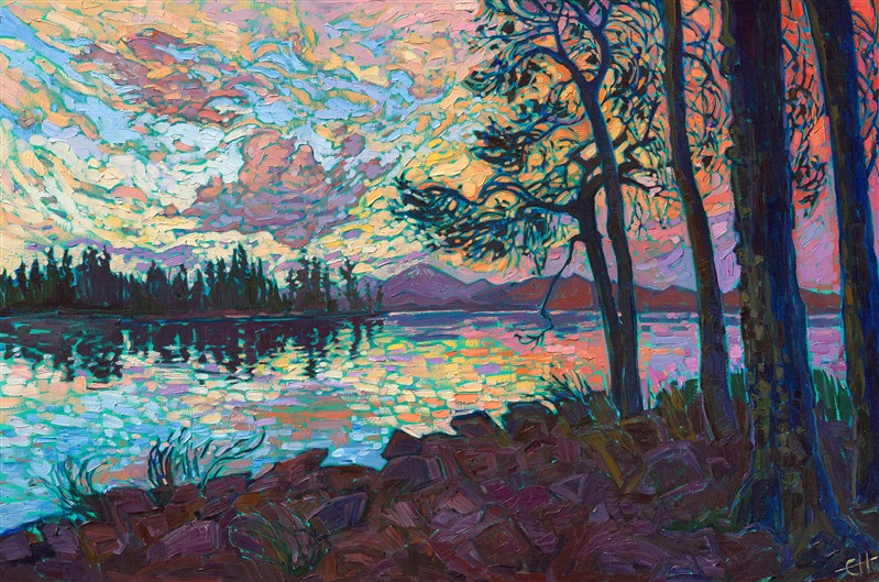 I visited the Oregon Cascades for the first time a few years ago, and I was amazed by the drop-dead gorgeous colors I saw there. During the day I saw greens and blues in every hue imaginable, and when the sun went down I was again awe-struck by one of the most amazing sunsets I had ever seen. This painting re-creates the emotions I felt during the trip with loose, painterly brush strokes and plenty of color.