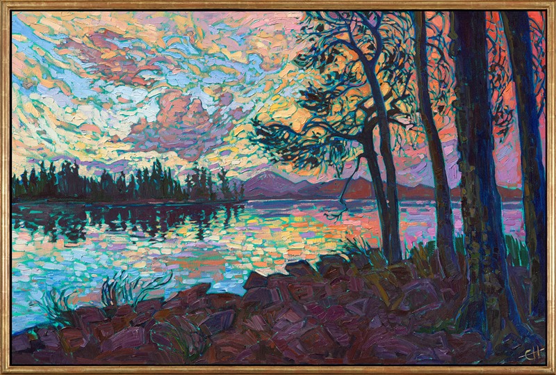 I visited the Oregon Cascades for the first time a few years ago, and I was amazed by the drop-dead gorgeous colors I saw there. During the day I saw greens and blues in every hue imaginable, and when the sun went down I was again awe-struck by one of the most amazing sunsets I had ever seen. This painting re-creates the emotions I felt during the trip with loose, painterly brush strokes and plenty of color.