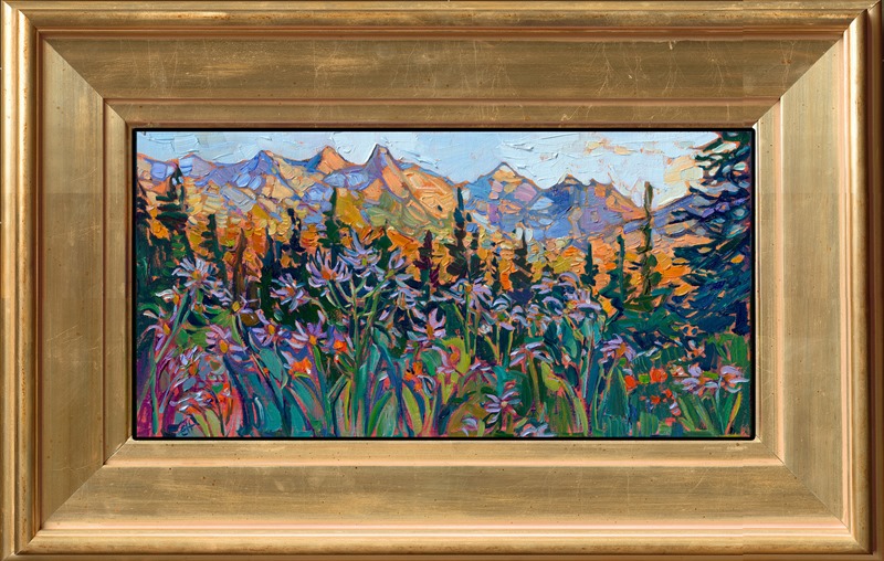 Mt Rainier was alive with wildflowers this summer--Paradise Valley was a paradise indeed, full of purple, white, yellow, and blue flowers. This painting captures a scene from the base of Mt Rainier, looking back at the southern Cascade peaks. Thick brushstrokes of oil paint capture the lively colors and beauty of the landscape.