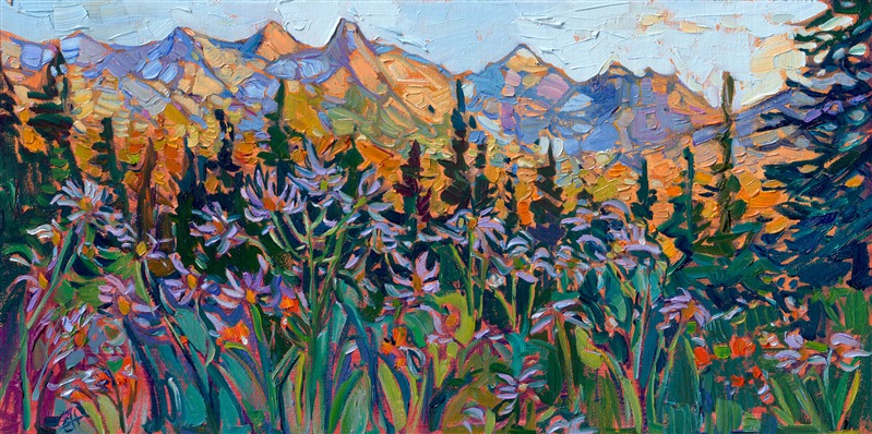 Mt Rainier was alive with wildflowers this summer--Paradise Valley was a paradise indeed, full of purple, white, yellow, and blue flowers. This painting captures a scene from the base of Mt Rainier, looking back at the southern Cascade peaks. Thick brushstrokes of oil paint capture the lively colors and beauty of the landscape.