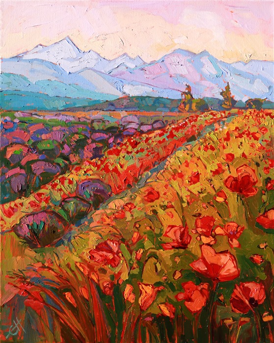 One painting of the beautiful lavender fields of Sequim, Washington, wasn't enough! This second painting brings out the reds and purples of a late afternoon stretching towards dusk. The brush strokes are thick and juicy with color.