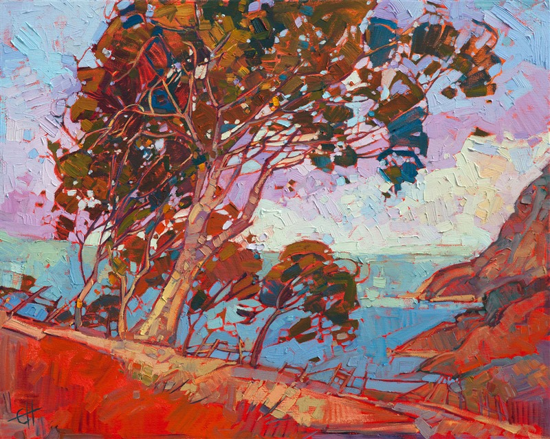Catalina island has beautiful eucalyptus trees growing along the winding mountain roads.  A burgundy red sunset makes the colors in the landscape come to life.  Thick brush strokes create a lively contrast of color and motion throughout the painting.