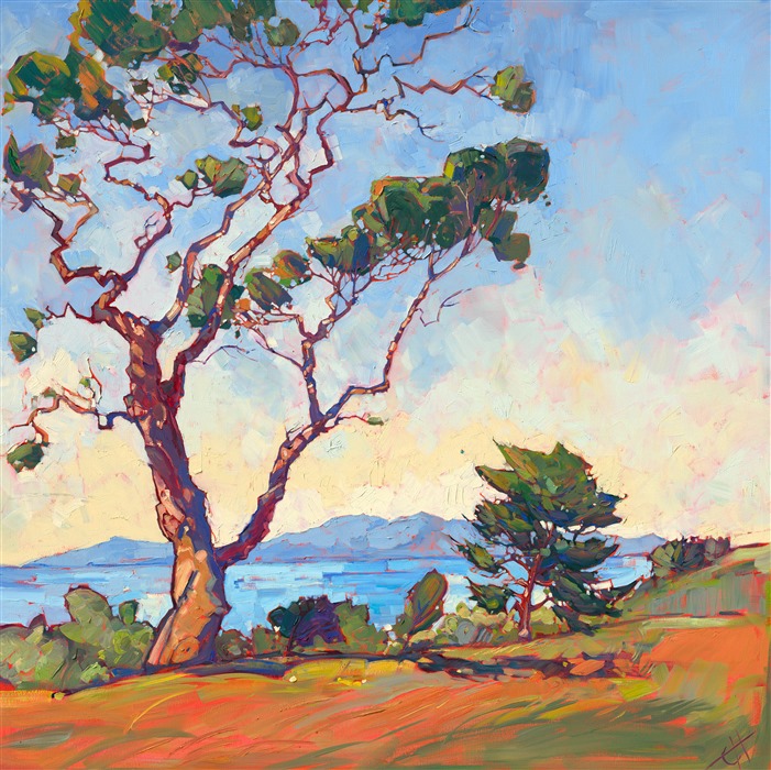 The wispy, wandering branches of a southern California eucalyptus tree beckon one to the edge of the cliff to look out across the sea towards Catalina island. The oil paint in this painting is applied in lively, bold brush strokes.

"Catalina Lights" was created on gallery-depth canvas, and the painting arrives framed in a contemporary gold floater frame, ready to hang.