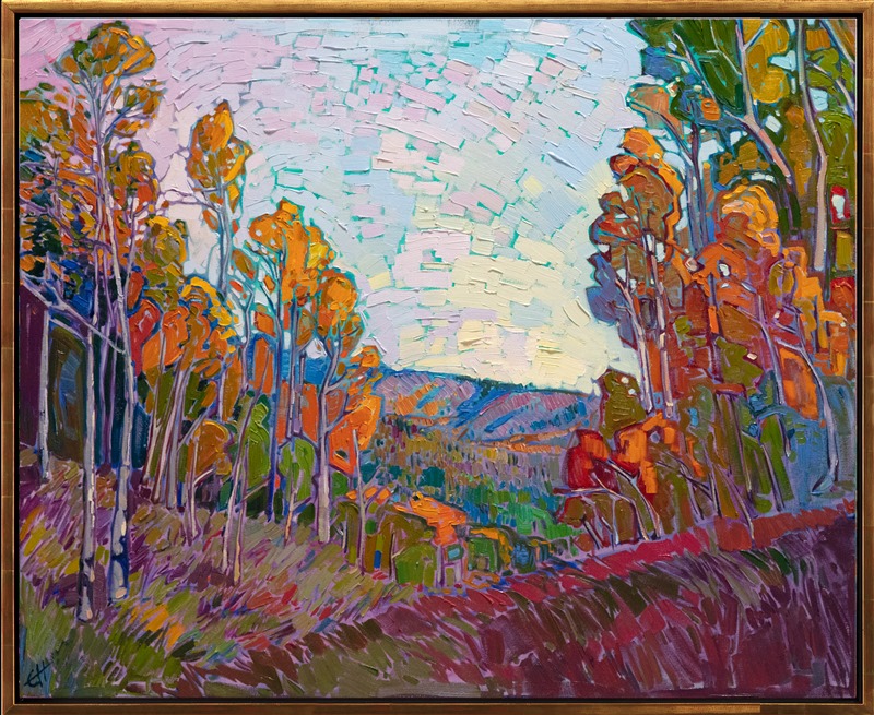 Cedar Breaks National Park is captured here in vivid hues of orange and red. The aspen trees cover huge areas of the surrounding mountainsides in southern Utah, and they change color together in huge sweeps of changing hues.</p><p>"Cedar Breaks" was created on 1-1/2" canvas, with the painting continued around the edges. The piece arrives framed in a contemporary gold floater frame.