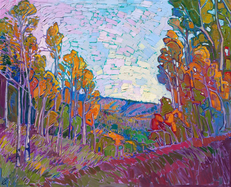 Cedar Breaks National Park is captured here in vivid hues of orange and red. The aspen trees cover huge areas of the surrounding mountainsides in southern Utah, and they change color together in huge sweeps of changing hues.</p><p>"Cedar Breaks" was created on 1-1/2" canvas, with the painting continued around the edges. The piece arrives framed in a contemporary gold floater frame.