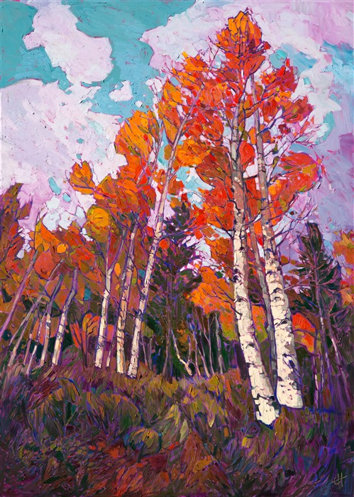 Cedar Breaks National Park, near Zion in Utah, has inspired a new series of autumn-hued oil paintings.  These October paintings are alive with color and motion, capturing the beautiful aspens and evergreens in thickly-applied brush strokes and intriguing compositions.</p><p>This painting was created on a gallery-depth canvas with the painting continued around the edges. The painting will arrive in a beautiful hardwood floater frame, ready to hang.</p><p>Exhibited: St George Art Museum, Utah, in a solo exhibition celebrating the National Park's centennial: <i><a href="https://www.erinhanson.com/Event/ErinHansonMuseumShow2016" target="_blank">Erin Hanson's Painted Parks</a></i>, 2016.