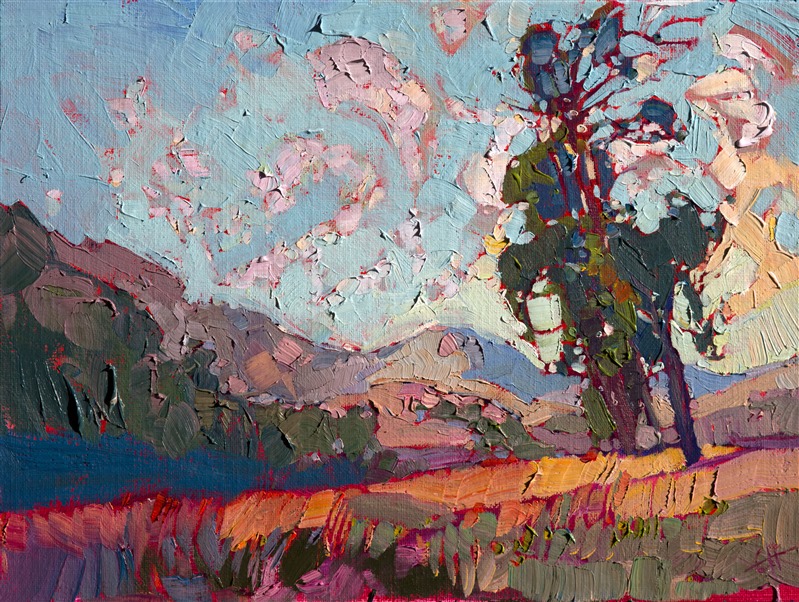 Paso Robles is captured on canvas in vibrant oils and vivid color.  The brush strokes are alive with motion, coming together in a mosaic of texture and scintillating light.</p><p>This small oil painting arrives framed and ready to hang. Read more about the <a href="https://www.erinhanson.com/Blog?p=AboutErinHanson" target="_blank">painting's details here.</a>