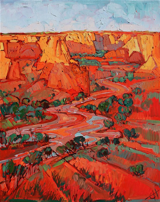 Canyon de Chelly has amazing sunrises, the cadmium sun rays slowly rising over the edge of the canyon, casting long shadows across the lush green canyon floor. The brush strokes in this painting are alive with texture and motion, vibrant with colors that stir the senses.