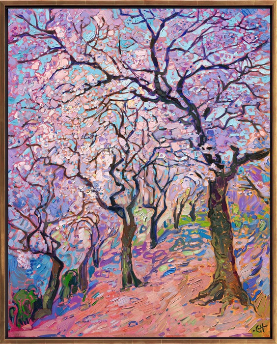 This painting, inspired by my recent trip to Kyoto, Japan, captures an arbor of Japanese cherry trees blossoming overhead. I love how cherry trees are pruned in Japan to create beautiful, arching branches. I captured the white and pink blossoms with thickly applied brush strokes of oil paint laid side-by-side, like a mosaic tapestry of color.