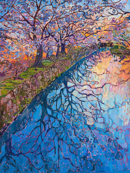 I visited Kyoto, Japan, this year to photograph the Sakura season--Japanese cherry trees in bloom. This painting captures the view from Philosopher's Path, a winding walkway of large stones that traverses the width of Kyoto. The path follows a water-filled canal, and cherry trees overhang the entire walkway. This painting captures the peaceful beauty of cherry trees at dusk.