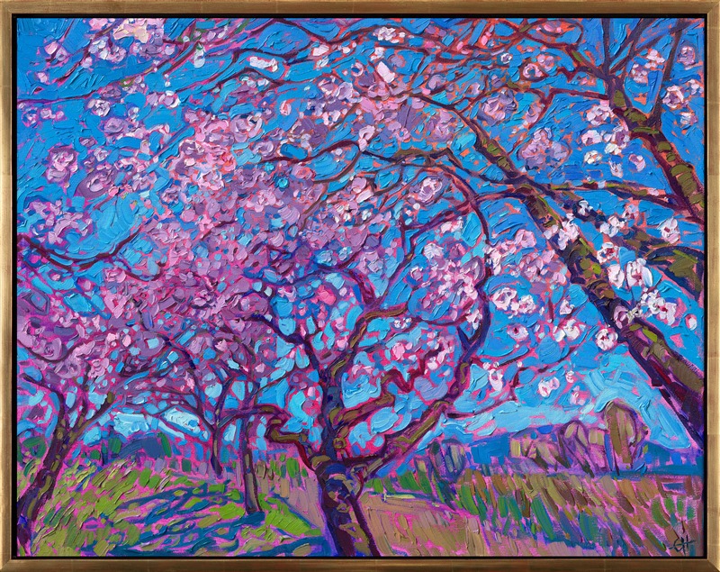 Northwestern cherry trees bloom with delicate hues of pink and white. Spring time in the northwest is like no other -- everywhere you look, you see dozens of varieties of cherry trees creating splashes of color, their boughs heavy with fragrant blossoms. This oil painting captures the beauty of cherry blossoms against a deep blue sky.</p><p>"Cherry Blossom" is an original oil painting created on stretched canvas. The piece arrives framed in a gold floater frame, ready to hang.