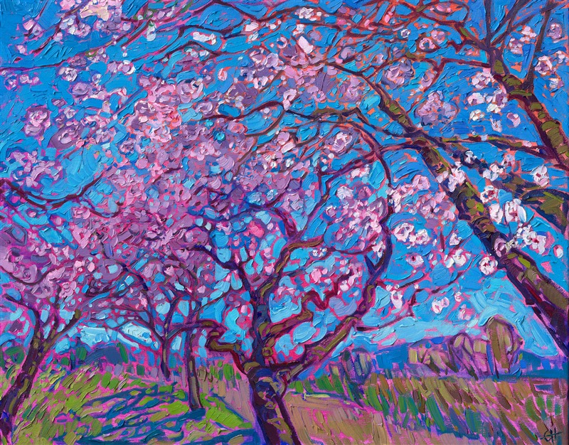 Northwestern cherry trees bloom with delicate hues of pink and white. Spring time in the northwest is like no other -- everywhere you look, you see dozens of varieties of cherry trees creating splashes of color, their boughs heavy with fragrant blossoms. This oil painting captures the beauty of cherry blossoms against a deep blue sky.

"Cherry Blossom" is one of the Erin Hanson artworks featured on <a href="https://www.erinhanson.com/blog?p=ErinHansonFrameTV">Samsung Frame TV</a>.