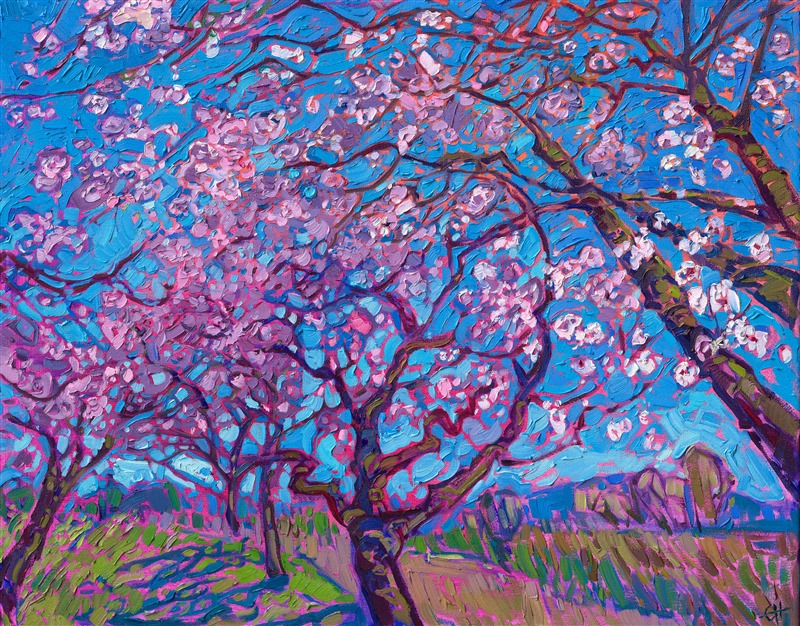 Northwestern cherry trees bloom with delicate hues of pink and white. Spring time in the northwest is like no other -- everywhere you look, you see dozens of varieties of cherry trees creating splashes of color, their boughs heavy with fragrant blossoms. This oil painting captures the beauty of cherry blossoms against a deep blue sky.</p><p>"Cherry Blossom" is an original oil painting created on stretched canvas. The piece arrives framed in a gold floater frame, ready to hang.