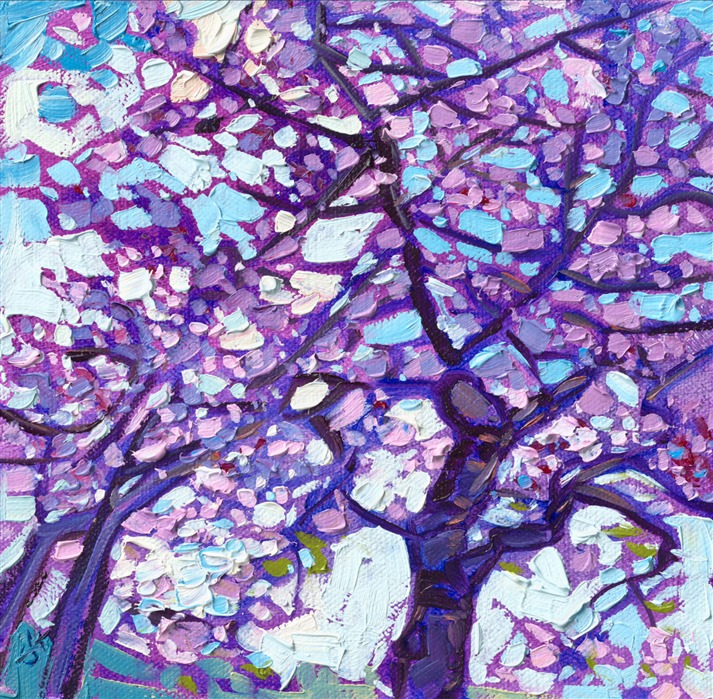 I discovered many blooming cherry trees in the Willamette Valley this spring. This painting captures their beautiful lavender blossoms against a baby blue sky.</p><p>"Cherry Blossoms" is a petite oil painting, 6 x 6 inches. The painting was created on linen board and it arrives in a black and gold mock floater frame, as pictured above.