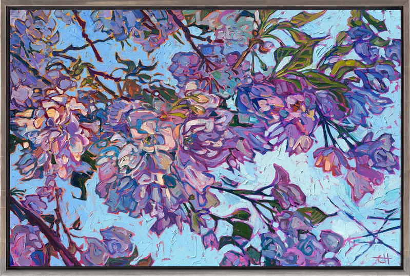 Pretty, ruffled petals from a flowering white cherry tree turn hues of dusky lavender and blue in the shadows. This close-up painting captures the beauty of the cherry blossoms with a flourish of impressionistic color. Erin Hanson has been inspired by van Gogh's painting of almond blossoms to paint the spring blooms in her own backyard, here in Oregon's picturesque Willamette Valley. </p><p>"Cherry Blossoms II" is an original oil painting created on stretched canvas. The piece arrives framed in a burnished silver floater frame, ready to hang.