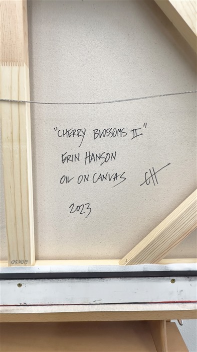 Pretty, ruffled petals from a flowering white cherry tree turn hues of dusky lavender and blue in the shadows. This close-up painting captures the beauty of the cherry blossoms with a flourish of impressionistic color. Erin Hanson has been inspired by van Gogh's painting of almond blossoms to paint the spring blooms in her own backyard, here in Oregon's picturesque Willamette Valley. </p><p>"Cherry Blossoms II" is an original oil painting created on stretched canvas. The piece arrives framed in a burnished silver floater frame, ready to hang.