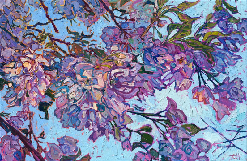 Pretty, ruffled petals from a flowering white cherry tree turn hues of dusky lavender and blue in the shadows. This close-up painting captures the beauty of the cherry blossoms with a flourish of impressionistic color. Erin Hanson has been inspired by van Gogh's painting of almond blossoms to paint the spring blooms in her own backyard, here in Oregon's picturesque Willamette Valley. </p><p>"Cherry Blossoms II" is an original oil painting created on stretched canvas. The piece arrives framed in a burnished silver floater frame, ready to hang.