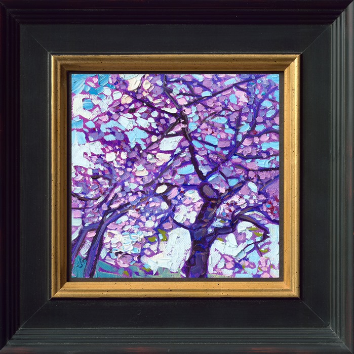 I discovered many blooming cherry trees in the Willamette Valley this spring. This painting captures their beautiful lavender blossoms against a baby blue sky.

"Cherry Blossoms" is a petite oil painting, 6 x 6 inches. The painting was created on linen board and it arrives in a black and gold mock floater frame, as pictured above.