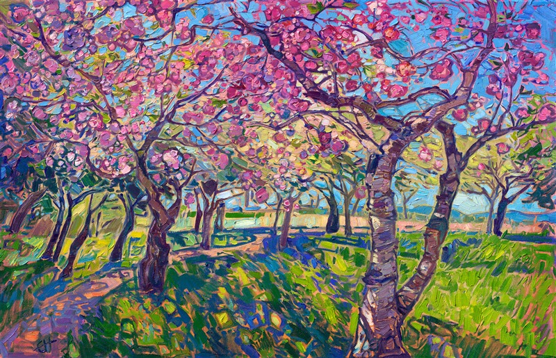 The northwest is alive with cherry blossoms in early spring -- I love seeing first the daffodils popping up everywhere, and then the cherry blossoms, and realizing winter is actually over! This painting captures all the fresh color and fresh breath of spring.