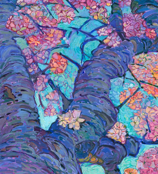 This large-scale oil painting by Erin Hanson captures the vibrant beauty of cherry blossoms in spring. The brush strokes are thick and expressive, capturing the light of the golden hour with an impressionistic eye.</p><p>"Cherry in Bloom" is an original oil painting on a 2-inch deep stretched canvas. The piece is 80 inches tall and 100 inches wide, and the museum-depth sides of the painting are painted "wrap-around style," so the piece can hang without a frame.