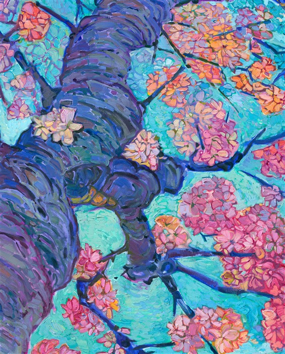 This large-scale oil painting by Erin Hanson captures the vibrant beauty of cherry blossoms in spring. The brush strokes are thick and expressive, capturing the light of the golden hour with an impressionistic eye.</p><p>"Cherry in Bloom" is an original oil painting on a 2-inch deep stretched canvas. The piece is 80 inches tall and 100 inches wide, and the museum-depth sides of the painting are painted "wrap-around style," so the piece can hang without a frame.